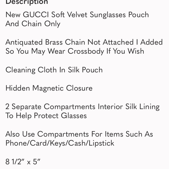 New Gucci Soft Velvet Sunglasses Pouch and Chain only - Picture 11 of 12